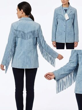 Denim & Co leather Light blue Fringe Jacket Boho Festival Concert Western M